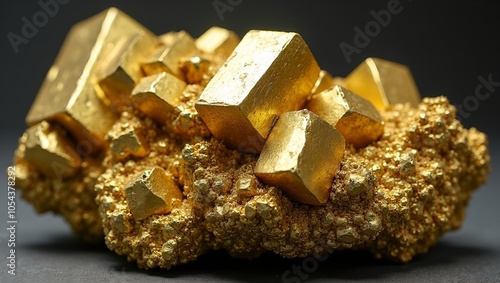 Shiny pyrite cluster with cubic crystals in golden light photo