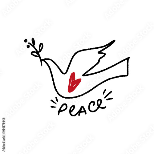 Childish pencil schematic primitive dove bird drawing, baby style stylized pigeon, simple isolated clip-art, peace and live peaceful pacific kindness concept
