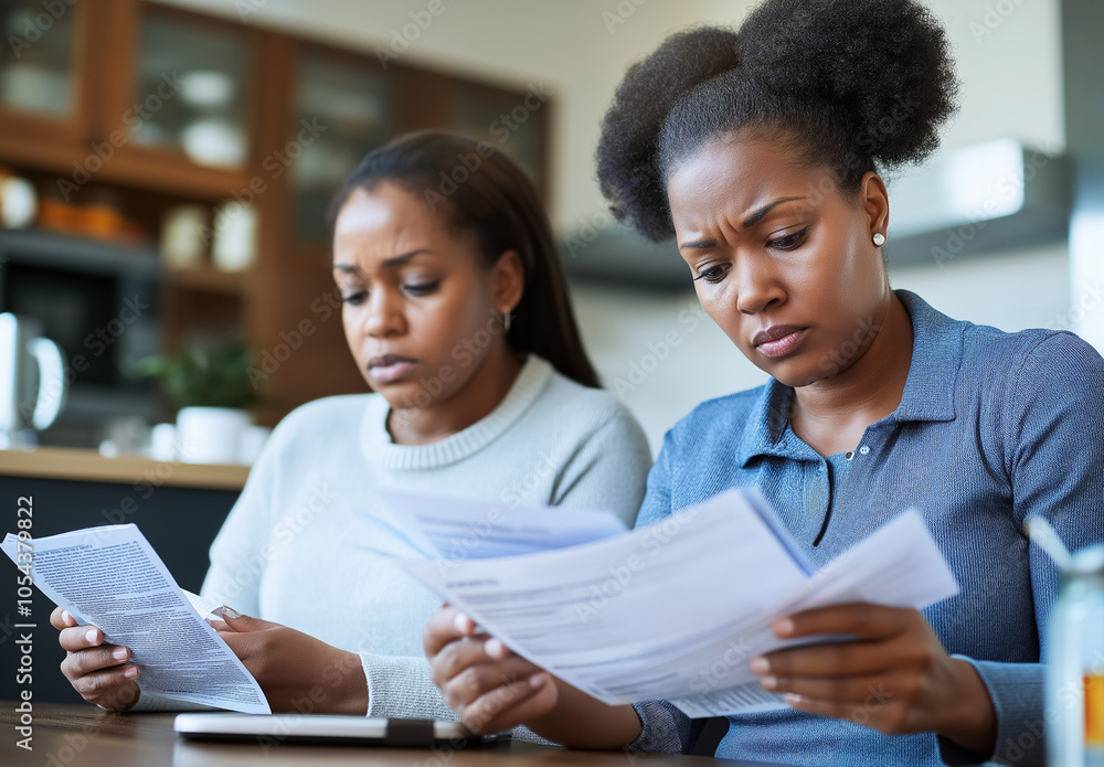 Two women look at the bills thoughtfully and worriedly Two women look at the bills thoughtfully and worriedly