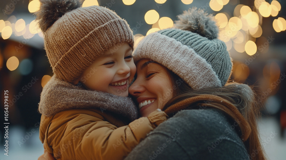 Obraz premium Happy Family Winter Holiday Celebration Mother and Child Hugging