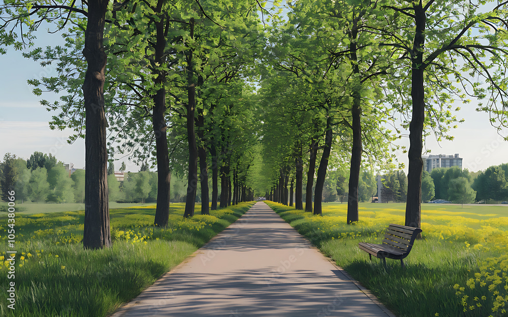 Fototapeta premium Green trees brown bench and a path leading to a peaceful summer day 