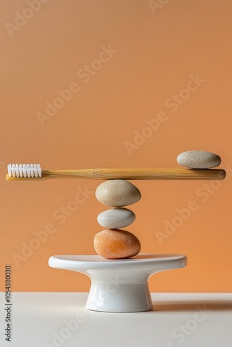 Balancing Pebbles and Bamboo Toothbrush on Ceramic Stand Minimalist Zen Composition Balance Concept