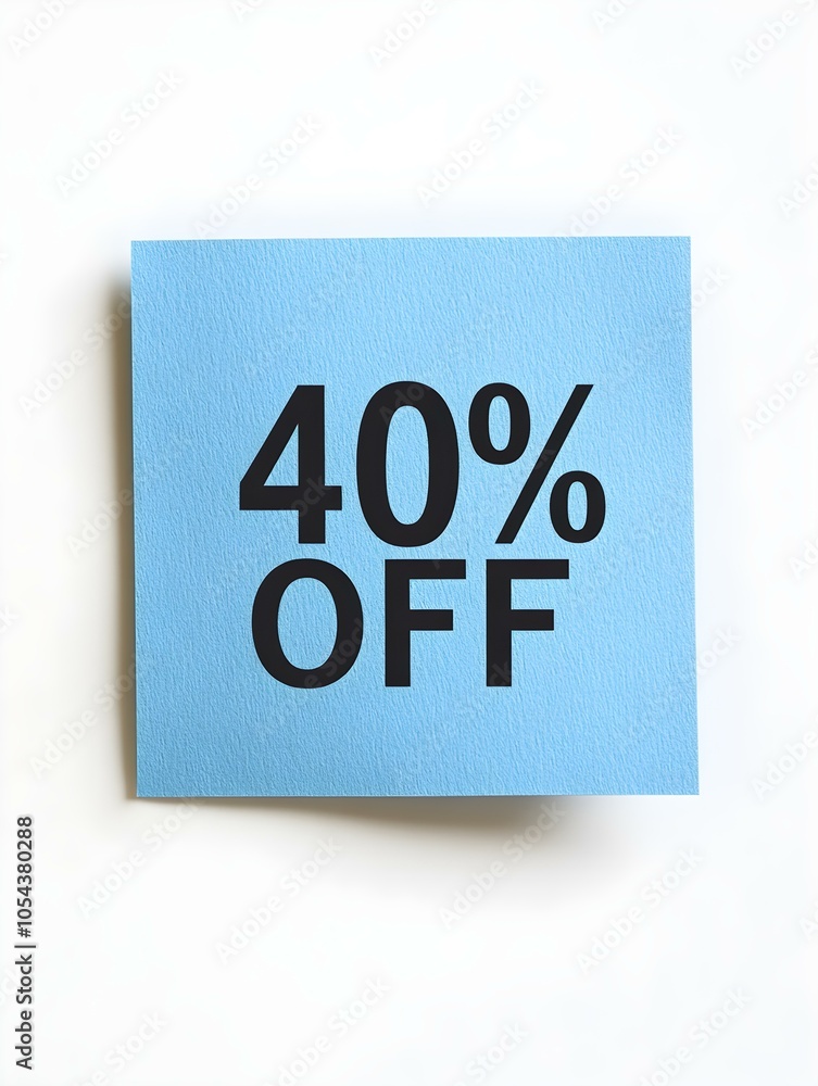 Black '40% OFF' Text on a Blue Square Paper Note. White Background Black '40% OFF' Text on a Blue Square Paper Note. White Background
