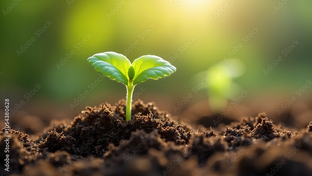 Fototapeta premium Vibrant green sprout emerging from dark peat moss bed in morning light