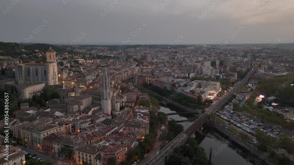 sunset illumained time girona central cityscape riverside traffic aerial panorama 4k spain sunset illumained time girona central cityscape riverside traffic aerial panorama 4k spain