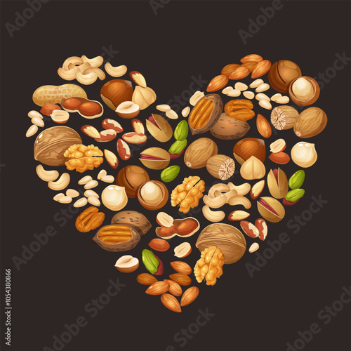 Vector cartoon frame in heart shape from different nuts types such as cashew,walnuts,macadamia,brazil nut,pecan,hazelnut,peanut,pistachios,nutmeg,pine nuts,almond isolated on white background.	