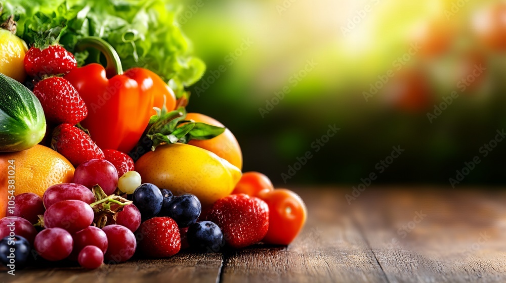 A vibrant mix of fresh fruits and vegetables on a wooden table, perfect for a healthy and delicious meal. A vibrant mix of fresh fruits and vegetables on a wooden table, perfect for a healthy and delicious meal.