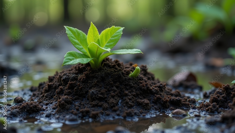 Lush sprout emerging from dark spongy peat in wet bog Lush sprout emerging from dark spongy peat in wet bog