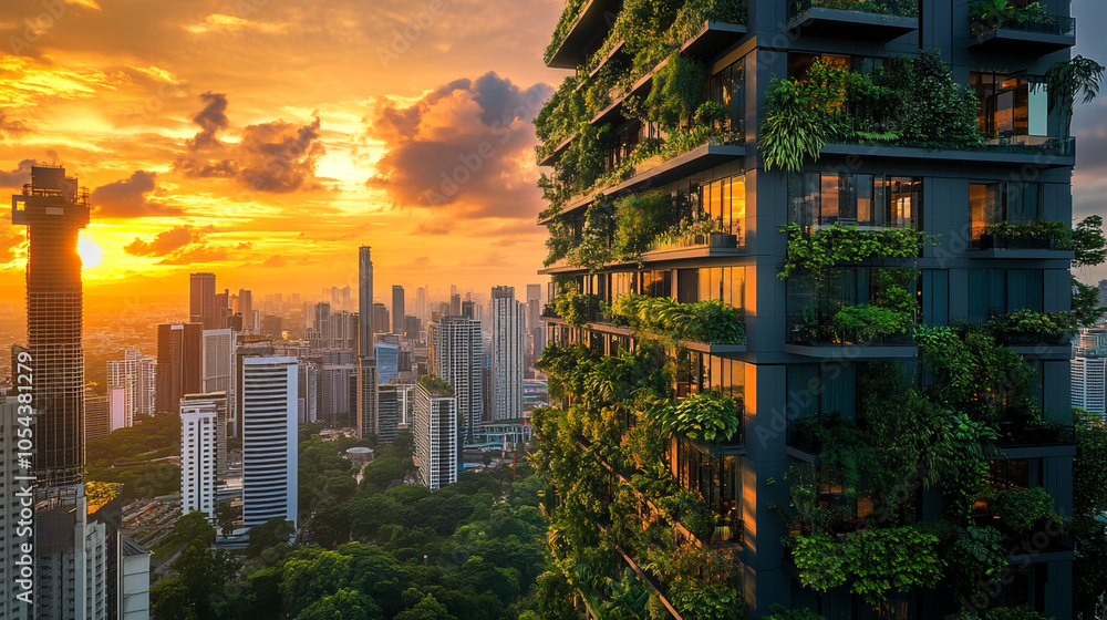 Obraz premium Green Skyscraper City Sunset Sustainable Urban Development