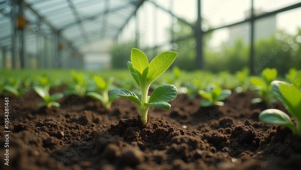 Vibrant sprout emerging from fertile soil in greenhouse Vibrant sprout emerging from fertile soil in greenhouse