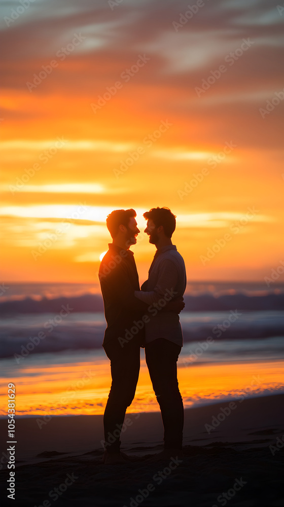 Fototapeta premium Silhouette of Two Men Sharing a Moment at Sunset