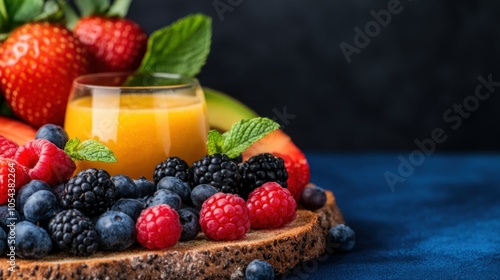 Healthy breakfast with avocado toast, fruit, and smoothie, illustrating the concept of balanced and nutritious eating