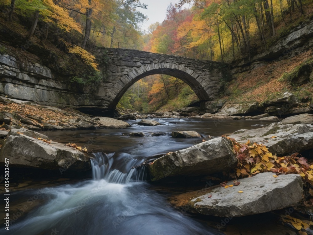 Stone Bridge Over Autumn River in Forest Stone Bridge Over Autumn River in Forest