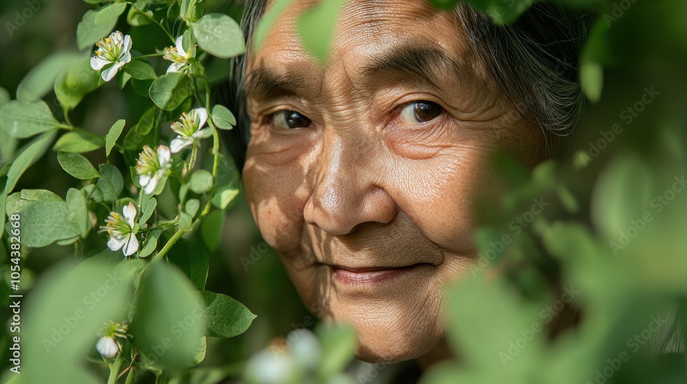 An elderly woman with a warm smile is partially hidden behind vibrant green leaves and delicate white flowers, enjoying a peaceful moment in her serene garden on a sunny day An elderly woman with a warm smile is partially hidden behind vibrant green leaves and delicate white flowers, enjoying a peaceful moment in her serene garden on a sunny day