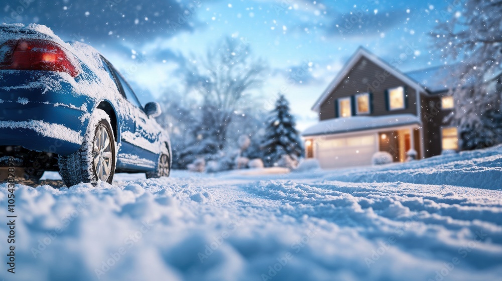 A blue car rests on a blanket of fresh snow next to a warm, inviting home adorned with soft lighting. Snowflakes drift down, enhancing the tranquil winter atmosphere A blue car rests on a blanket of fresh snow next to a warm, inviting home adorned with soft lighting. Snowflakes drift down, enhancing the tranquil winter atmosphere