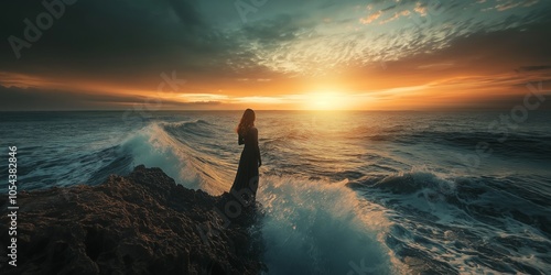 A woman stands alone on rocky shore, gazing at a stunning sunset over the expansive ocean horizon. photo