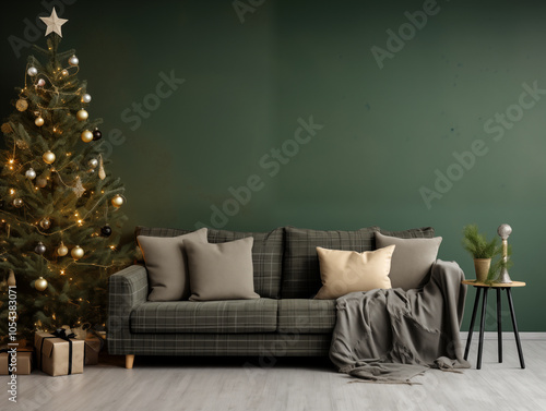 Modern and classic styles inspired scandinavian living room  in forest green with Christmas tree and Christmas decor and Christmas tartan plaid accents. Festive season interior.
 photo