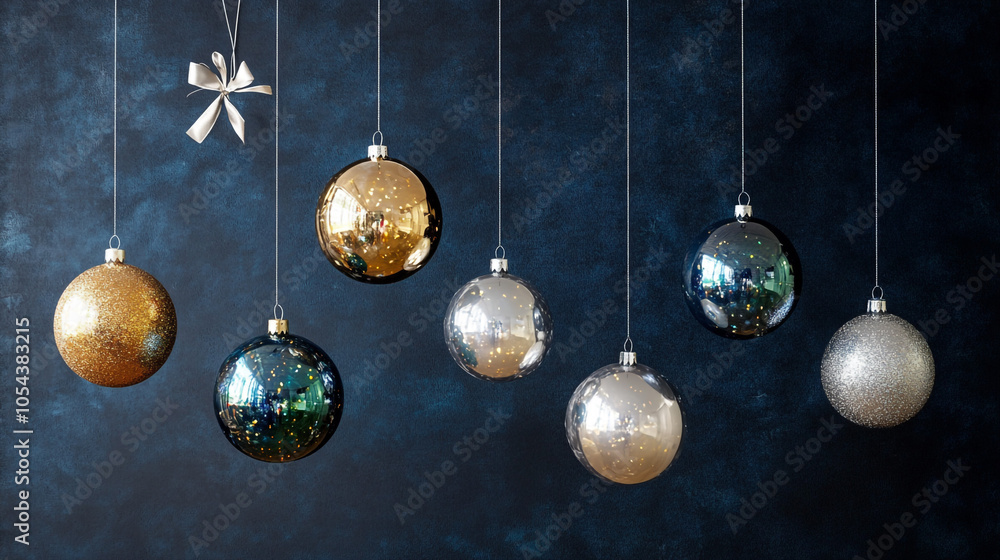 Hanging Shiny Christmas Ornaments on Blue Background Hanging Shiny Christmas Ornaments on Blue Background