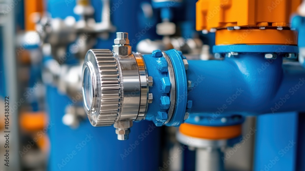 A detailed view of an assembled valve on a bright blue industrial pipe, featuring metallic connections and nuts, set against a factory backdrop. This captures the precision in manufacturing
