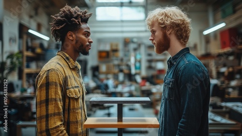 Two men stand in a workshop, intensely focused on each other while discussing a woodworking project