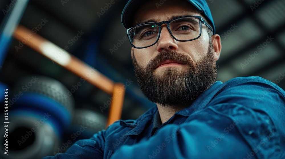 A confident mechanic wearing glasses and a dark blue uniform stands in an automotive repair shop, with a backdrop of stacked tires and tools, showcasing his expertise and focus on his work A confident mechanic wearing glasses and a dark blue uniform stands in an automotive repair shop, with a backdrop of stacked tires and tools, showcasing his expertise and focus on his work