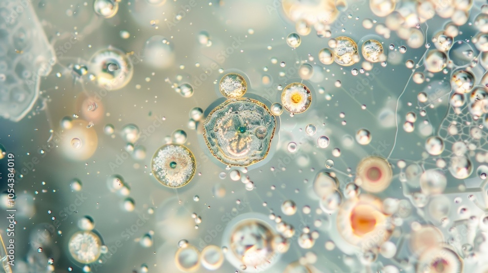 Microscopic image of a water sample showing a variety of microorganisms, creating a captivating glimpse into the hidden world of microscopic life Microscopic image of a water sample showing a variety of microorganisms, creating a captivating glimpse into the hidden world of microscopic life