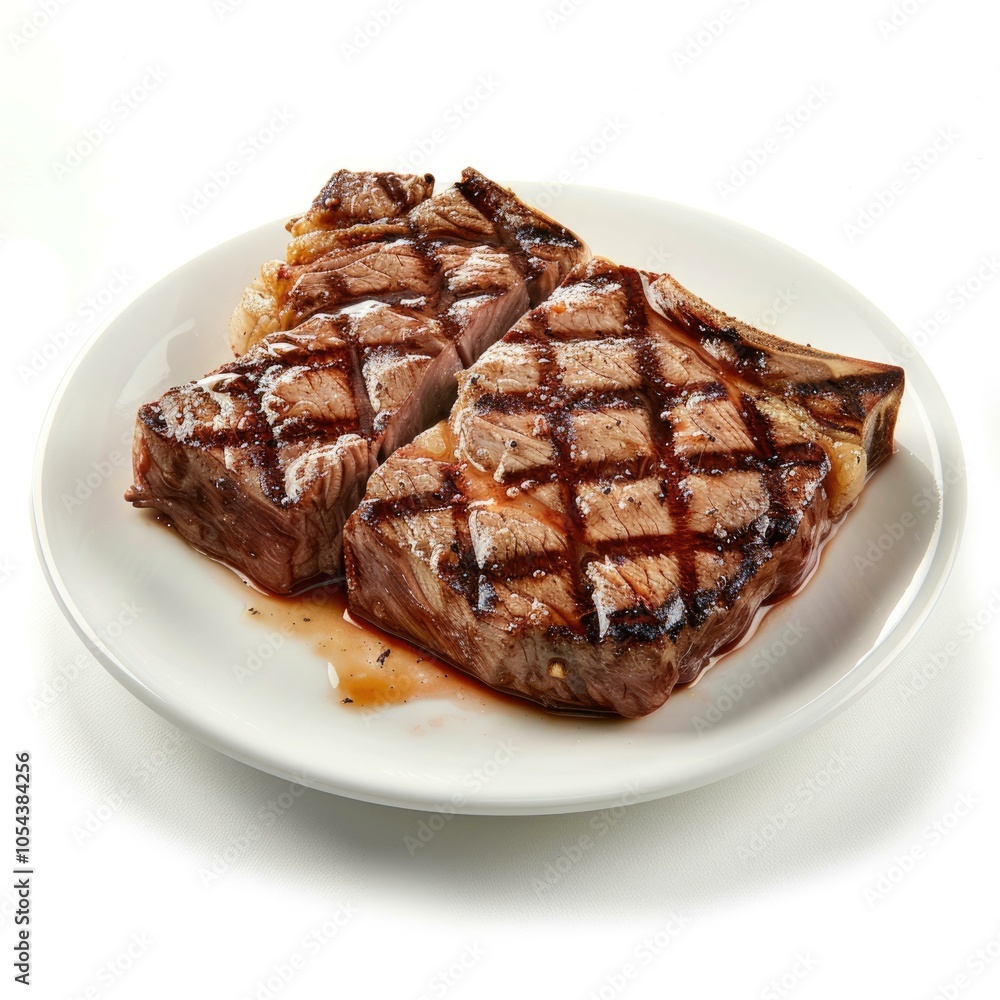 Grilled steak on a white plate with juices