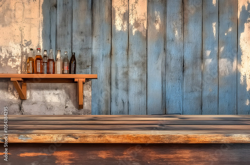 Table de comptoir devant mur en bois brut de palette