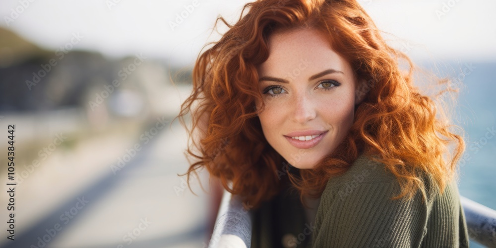 A cute red-haired girl with a beautiful smile poses near the coast on the pier, close-up portrait, Generative AI. A cute red-haired girl with a beautiful smile poses near the coast on the pier, close-up portrait, Generative AI.