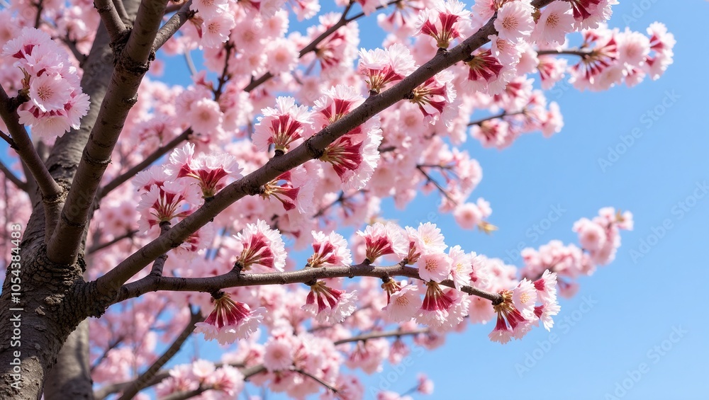 Delicate pink cherry blossoms on tree branches against blue sky