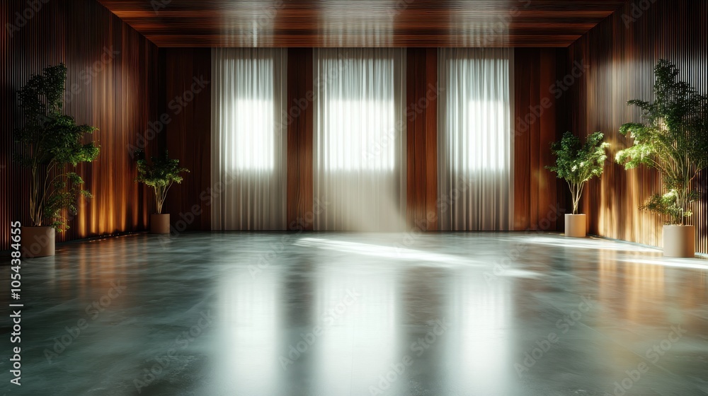 This image features a contemporary room characterized by rich wooden walls, a reflective floor, and an abundance of green plants, creating a serene atmosphere. This image features a contemporary room characterized by rich wooden walls, a reflective floor, and an abundance of green plants, creating a serene atmosphere.