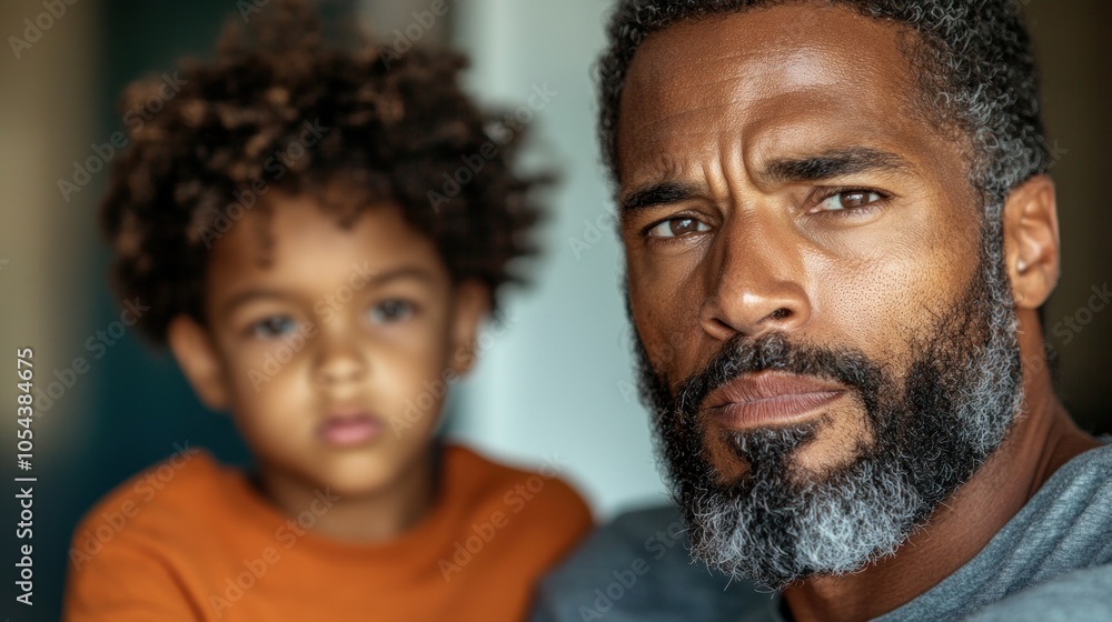A man with a thoughtful expression sits closely with his young son, who gazes into the distance. The warm afternoon light creates a cozy and intimate atmosphere between them A man with a thoughtful expression sits closely with his young son, who gazes into the distance. The warm afternoon light creates a cozy and intimate atmosphere between them