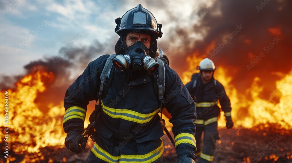 Two firefighters in protective gear are responding to a large wildfire. Flames and thick smoke surround them as they work diligently to control the raging fire Two firefighters in protective gear are responding to a large wildfire. Flames and thick smoke surround them as they work diligently to control the raging fire