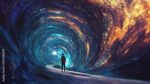 Silhouette of man standing on a road in hyperspace or dream tunnel of swirling light