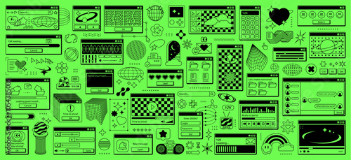 Rave y2k computer window page interface, vector UI of retro desktop pc screen. Acid vaporwave icons, stickers, browser windows, software and app dialog boxes. Y2k aesthetic grid shapes and rave smiles
