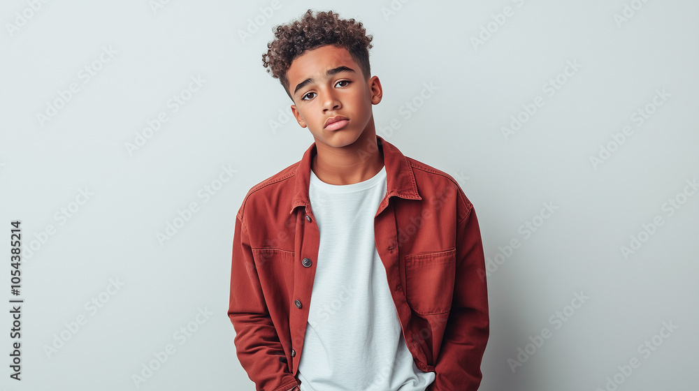 Obraz premium Confident young boy standing with hands in pockets, wearing a denim jacket and white t-shirt, posing against a neutral background with a calm expression.