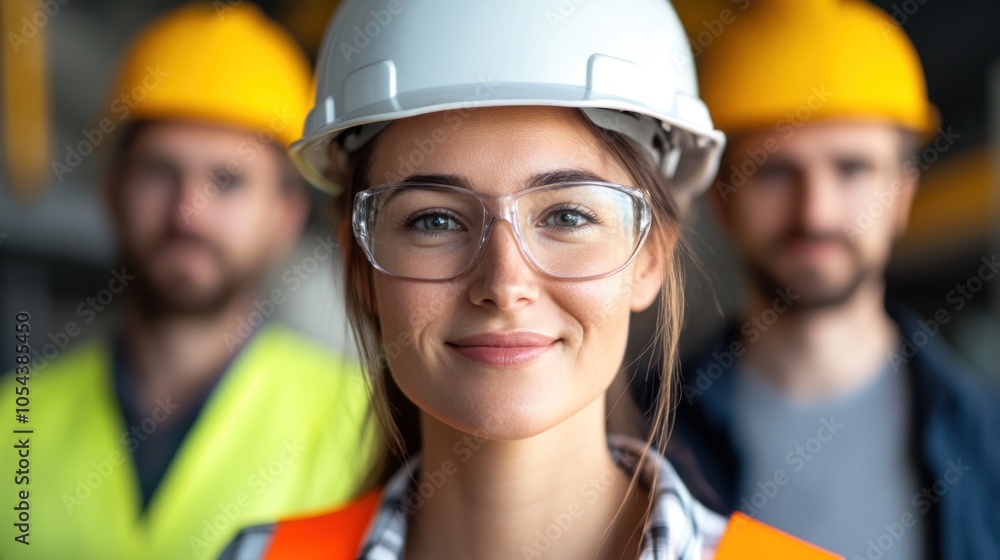 A confident young woman in safety goggles and an orange vest stands at a construction site, smiling. Two men in hard hats are positioned behind her, creating a collaborative atmosphere A confident young woman in safety goggles and an orange vest stands at a construction site, smiling. Two men in hard hats are positioned behind her, creating a collaborative atmosphere