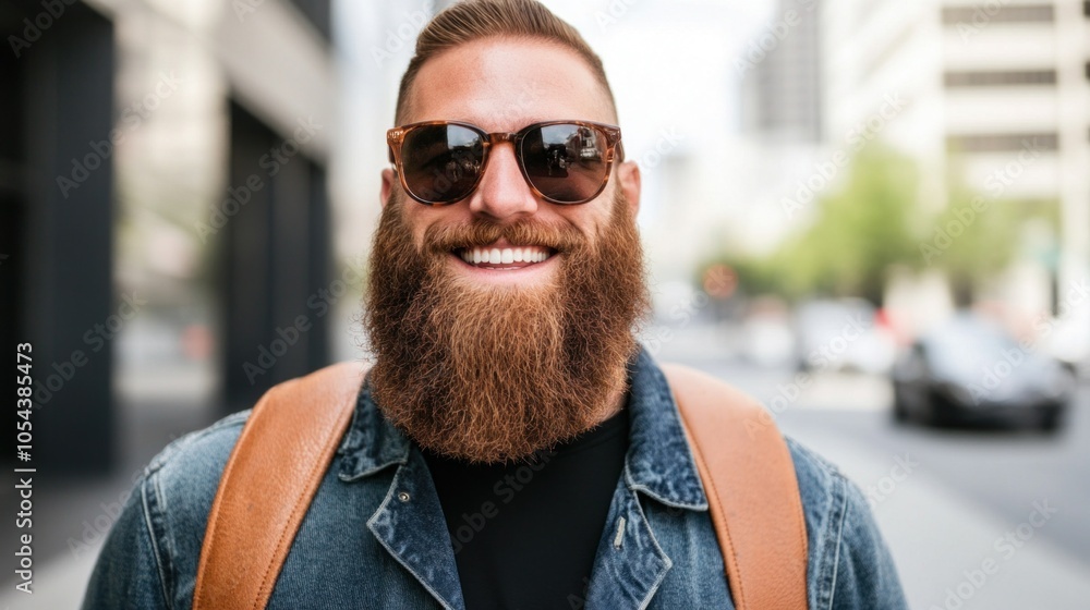 A man with a thick beard and sunglasses smiles while strolling down a bustling urban street on a bright day. He sports a denim jacket and a brown backpack, exuding confidence and style A man with a thick beard and sunglasses smiles while strolling down a bustling urban street on a bright day. He sports a denim jacket and a brown backpack, exuding confidence and style