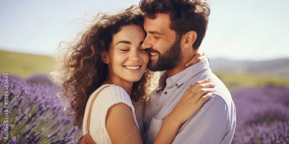 A young couple hugs in a lavender field. Family posing in nature. Generative AI. A young couple hugs in a lavender field. Family posing in nature. Generative AI.