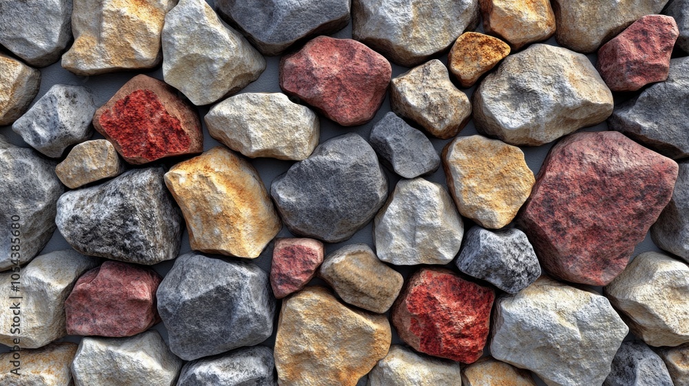 A collection of various stones in shades of gray, beige, red, and yellow is arranged in an aesthetically pleasing pattern, ideal for decorative use in gardens or pathways A collection of various stones in shades of gray, beige, red, and yellow is arranged in an aesthetically pleasing pattern, ideal for decorative use in gardens or pathways