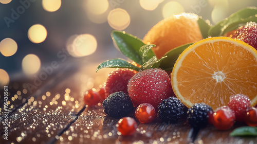 Fresh citrus fruits and vibrant red berries covered in dew, placed on a wooden surface with glowing bokeh lights in the background, evoking a festive atmosphere.