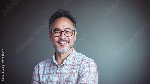 Smiling mature man in plaid shirt against gray background