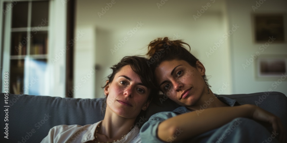 Happy young lesbian couple hugging having fun, Sitting on the sofa. Generative AI. Happy young lesbian couple hugging having fun, Sitting on the sofa. Generative AI.