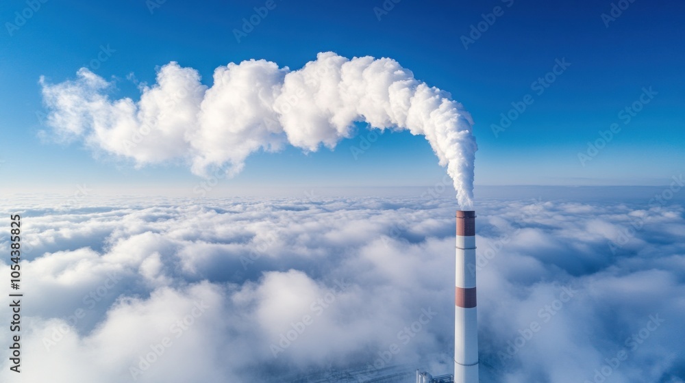 A tall smokestack emits white clouds of steam, contrasting sharply with the clear blue sky above layers of fluffy white clouds, indicating an industrial facility operating during the day A tall smokestack emits white clouds of steam, contrasting sharply with the clear blue sky above layers of fluffy white clouds, indicating an industrial facility operating during the day