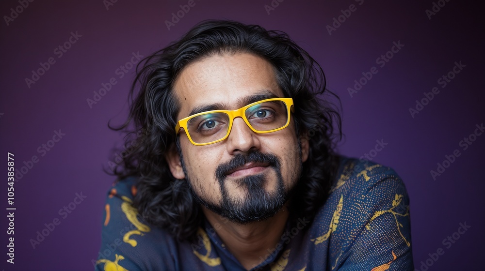 Man with yellow glasses smiling against purple background Man with yellow glasses smiling against purple background