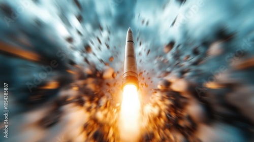 A rocket takes off, leaving behind a trail of debris in an explosive ascent, highlighting human ambition and the forceful power of technological advancement in space. photo