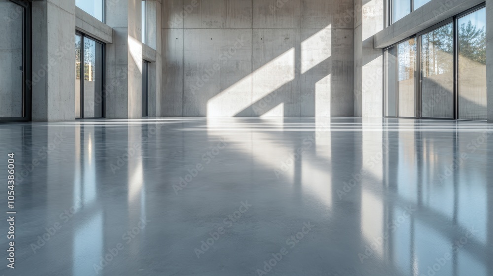 A spacious empty concrete hall with large windows, casting dramatic sunlight shadows on the polished floor, creating an open and airy atmosphere. A spacious empty concrete hall with large windows, casting dramatic sunlight shadows on the polished floor, creating an open and airy atmosphere.