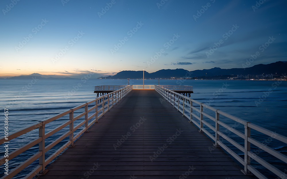 Naklejka premium A wooden pier stretches towards the horizon with blue water and a distant city skyline evoking a sense of tranquility and escape 
