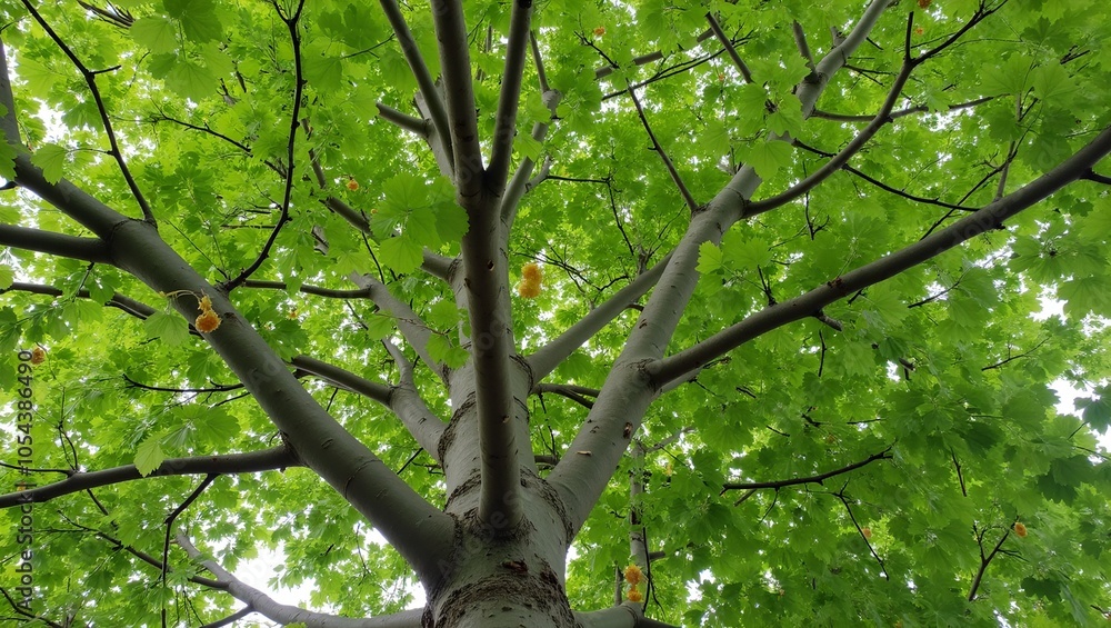 Obraz premium Linden tree with heart shaped leaves yellowish flowers smooth gray bark and dense canopy