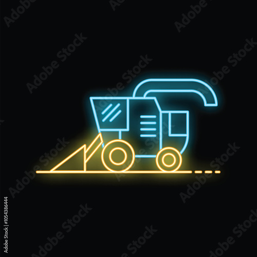 Glowing neon line combine harvester icon isolated on black background. Farm equipment concept. Vector illustration